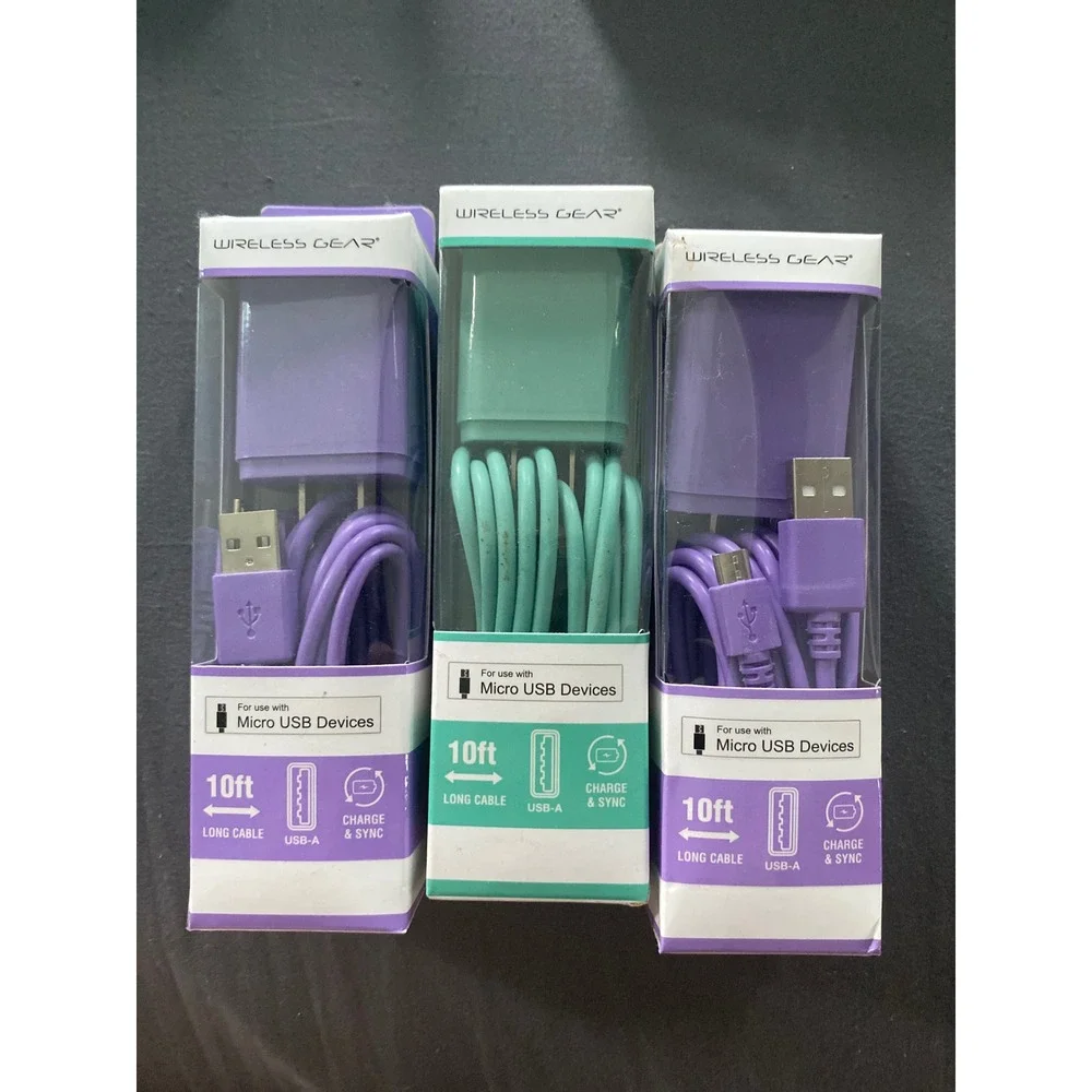 Wireless Gear 10ft Micro USB Cable & Wall Charger Lot‎ 3 Purple Teal BL BL